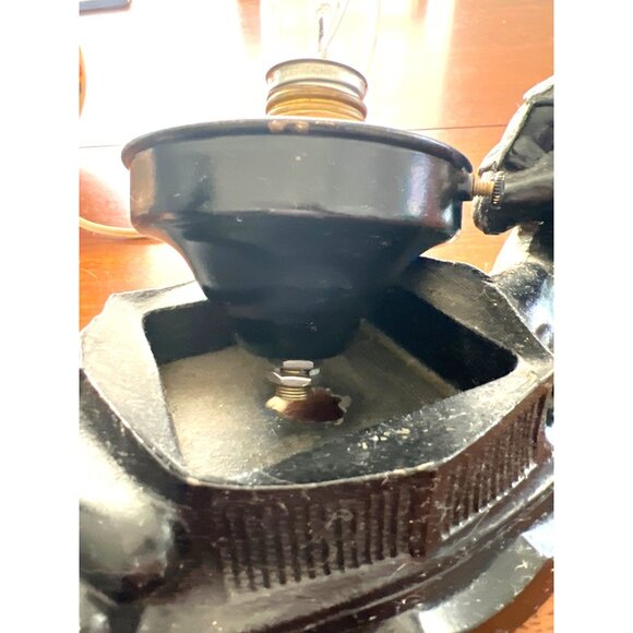 Antique Art NOVEAU Deco Lamp End of Day Glass Shade & Black Iron Base TESTED - Picture 7 of 10